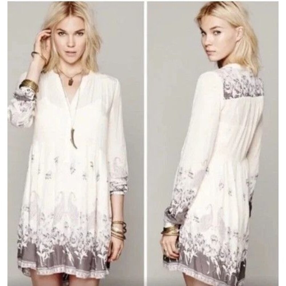 Free People Sierra Valley Size M Paisley Boho Cream Brown Mini Tunic Dress